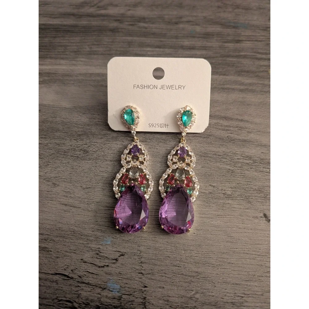 Gold Tone Multi Color Crystal Teardrop Drop Earrings S925 Silver Needle Amethyst
